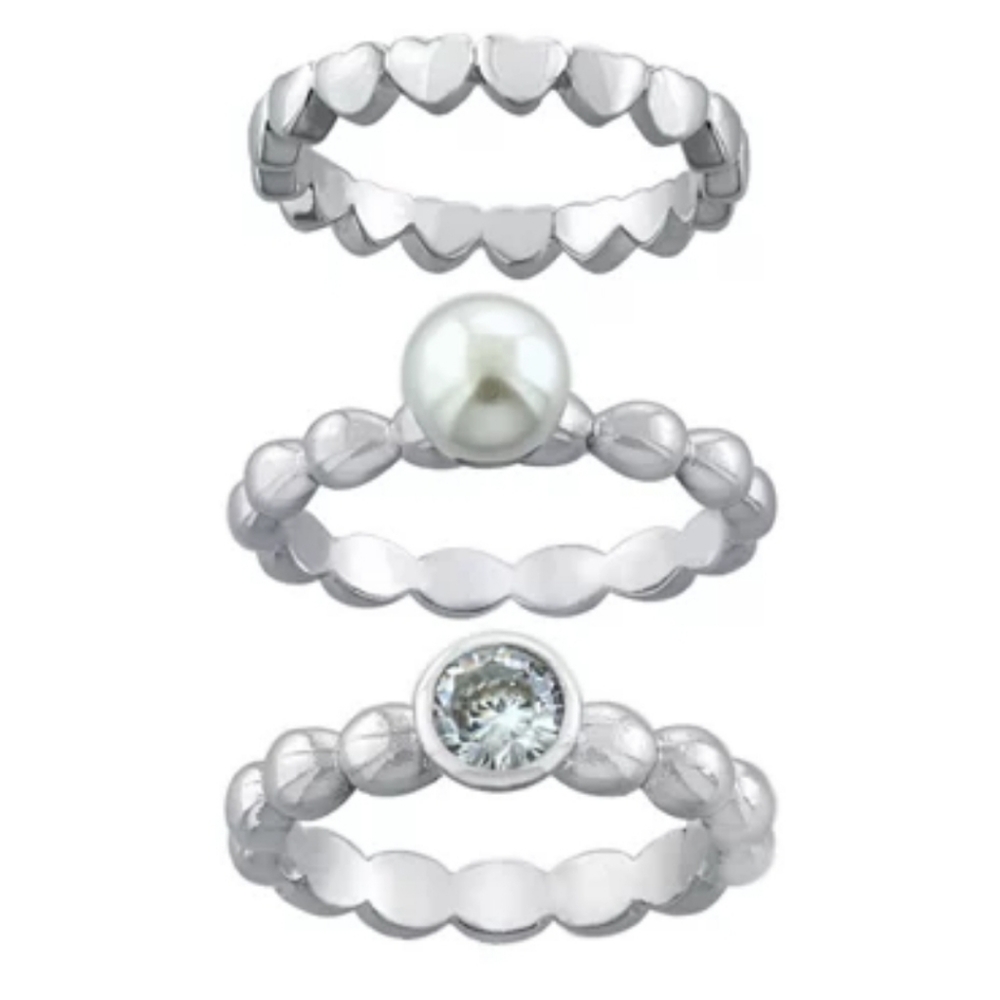 NWT Fine Silver Plated Pearl/Heart/Round Band Ring Trio Set